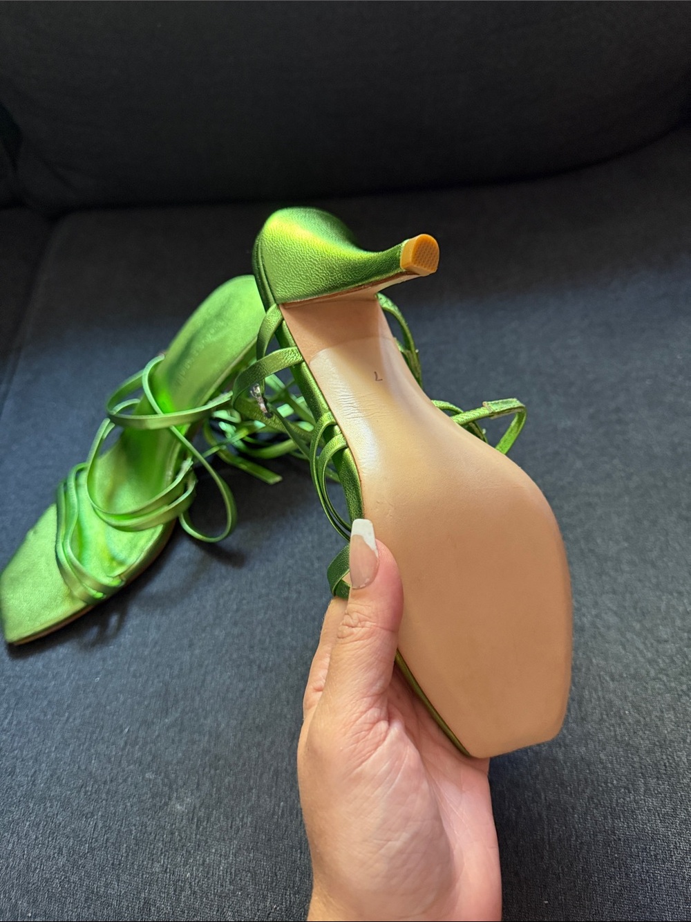 Lovers + Friends Metallic Lime Green Strappy Heeled Sandals - Picture 3 of 4